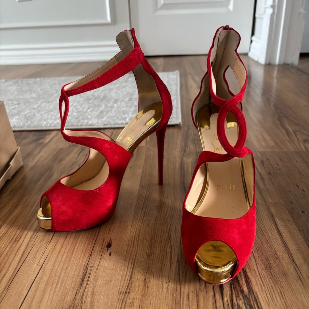 Christian Louboutin ROSIE 120 Suede Platform Pumps Heels Sandals Shoes Red 36.5 - Picture 3 of 8